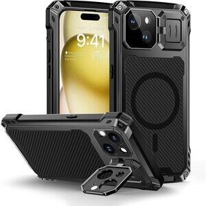 For iPhone 15 Plus Case Heavy Duty Metal Cover+Glass Screen Protector